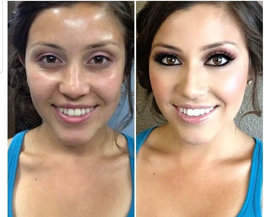 Antes y después de un maquillaje social con ojos ahumados y pestañas