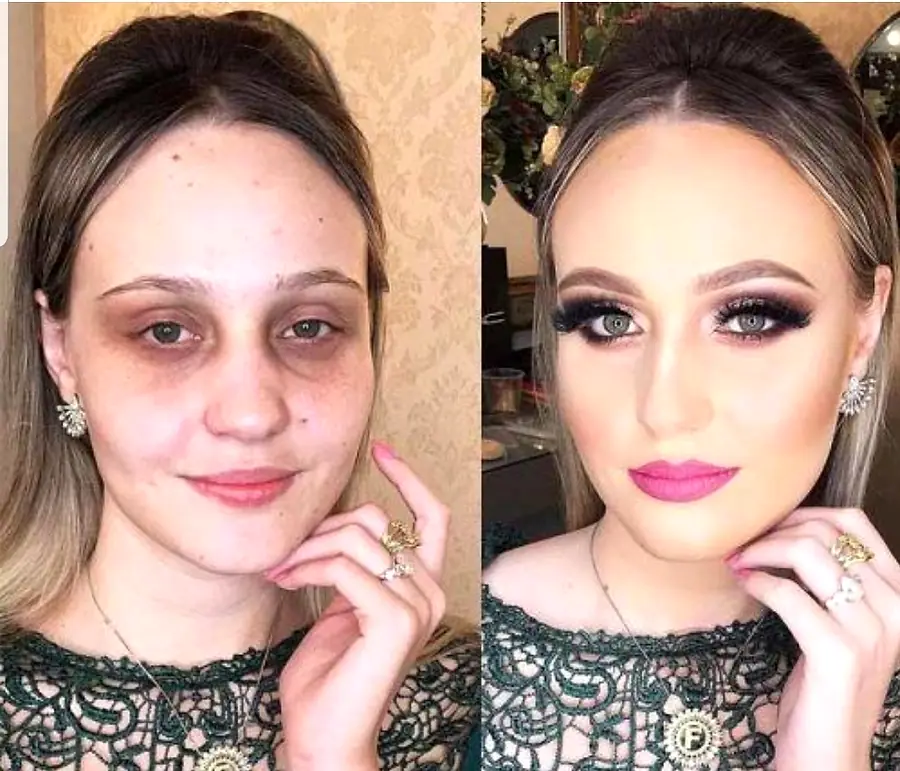 Antes y después de un maquillaje de noche con labios rosas